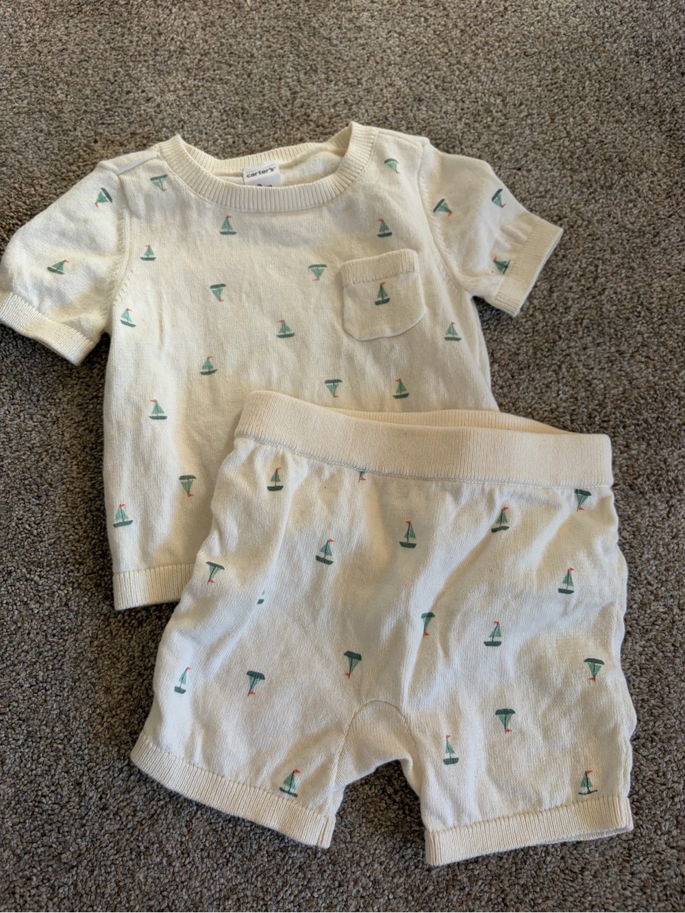 Carter's Cream Sailboat Knit Pajama Set with Green Accents